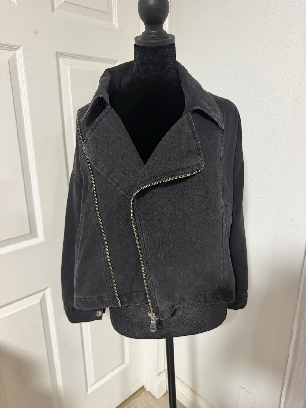 Forever 21 Washed Black Asymmetric Zip Leather-Style Jacket